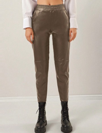 Pantaloni imitație din piele Shein, bej