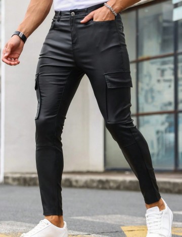 Pantaloni imitație din piele Shein MANFINITY, negru