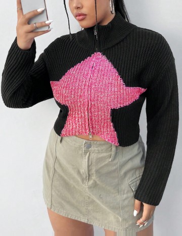 Pulover cu fermoar Shein Curve+, negru