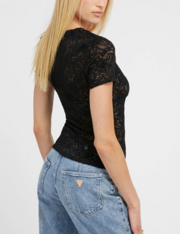 Bluză cu dantelă Guess, negru