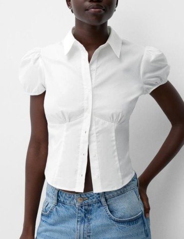 Cămașă cu m&acirc;necă scurtă Bershka, alb