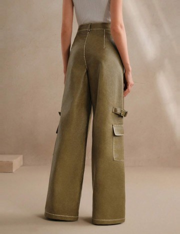 Pantaloni din imitatie de piele Shein Anewsta, kaki