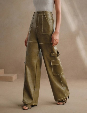 Pantaloni din imitatie de piele Shein Anewsta, kaki