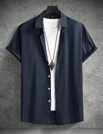 Cămașă cu m&acirc;necă scurtă Shein MANFINITY, albastru