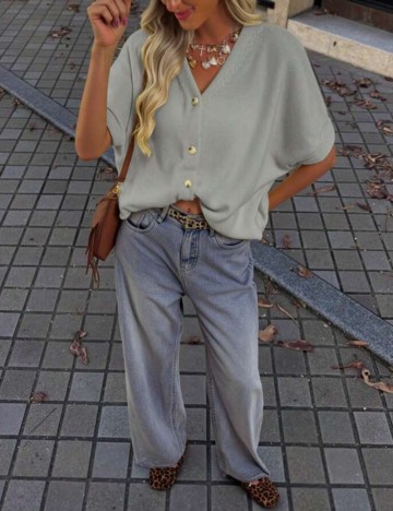 Pulover cu m&acirc;necă scurtă Shein, gri