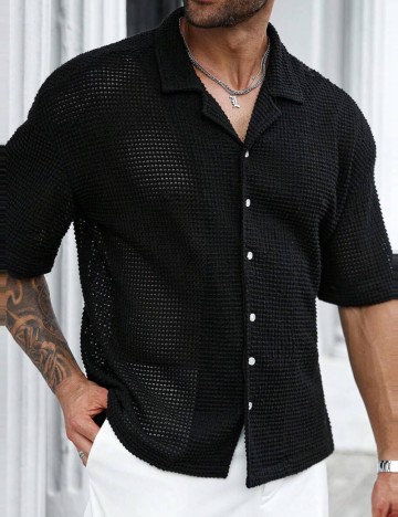 Cămașă cu m&acirc;necă scurtă Shein MANFINITY, negru