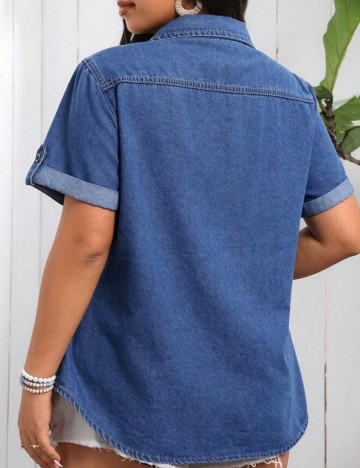 Cămașă cu m&acirc;necă scurtă Shein Curve+, albastru