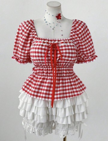 Cămașă cu m&acirc;necă scurtă Shein Curve+, roșu