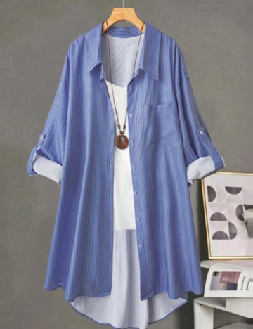 Cămașă lungă Shein Curve+, albastru