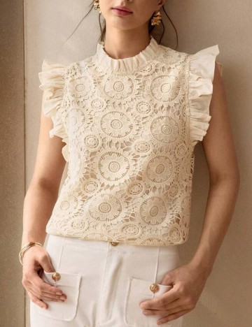 Cămașă cu m&acirc;necă scurtă Shein MOTF, crem