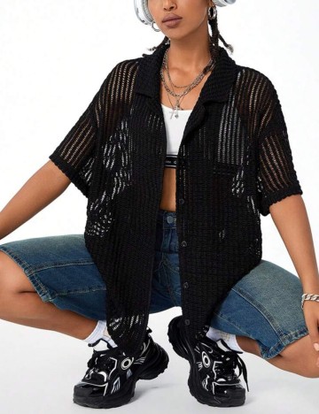 Cămașă cu m&acirc;necă scurtă Shein, negru
