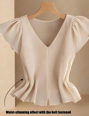 Cămașă cu m&acirc;necă scurtă Shein, bej