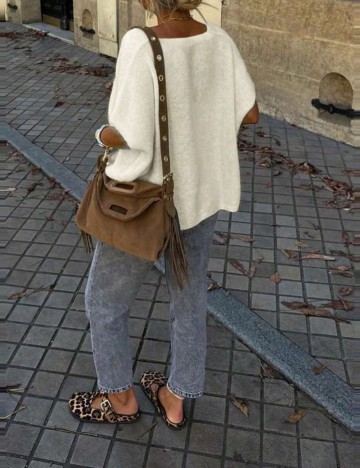 Pulover cu m&acirc;necă scurtă Shein, crem