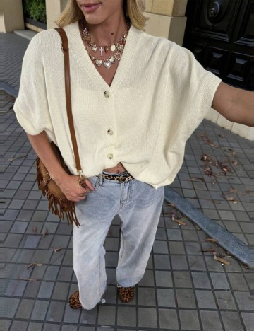 Pulover cu m&acirc;necă scurtă Shein, crem