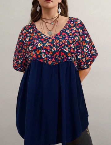 Cămașă cu m&acirc;necă scurtă Shein Curve+, albastru