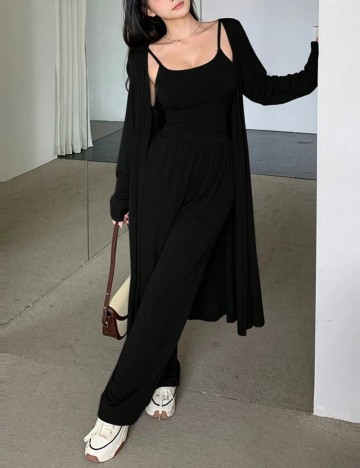Set Cardigan, Top și Pantaloni Shein DAZY, negru